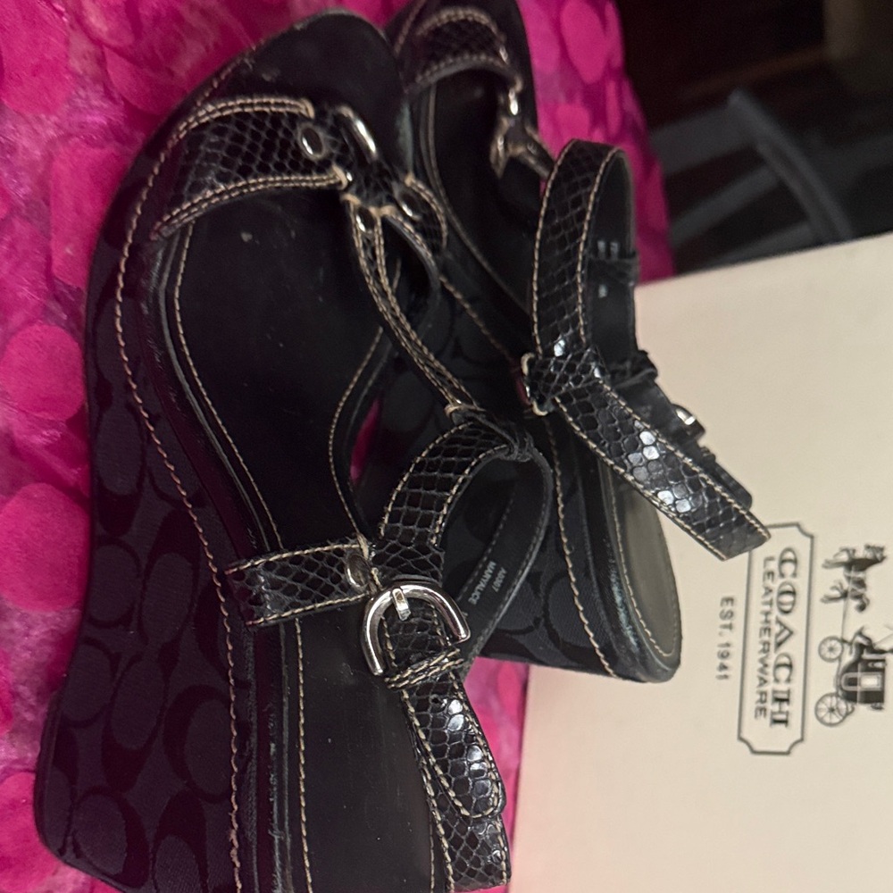 Coach Black Patterned Wedge Sandals